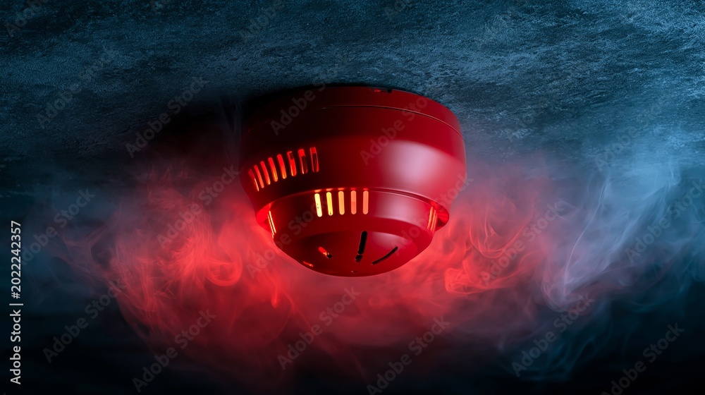 Fototapeta premium A smoke detector with a red light emitting a signal in a dark and smoky environment for safety.