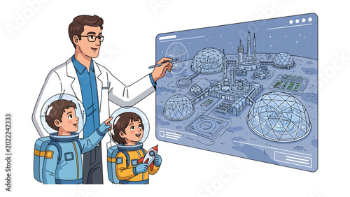 Photos Vision of the Future: An educator unveils the wonders of a space colony blueprint to two young, aspiring astronauts, igniting their curiosity and dreams of exploration