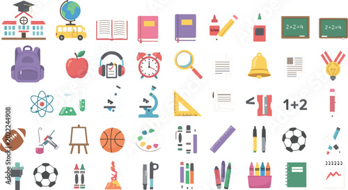 Foto "Set of Education and School Icons with Books, Backpacks, Sports, and Classroom