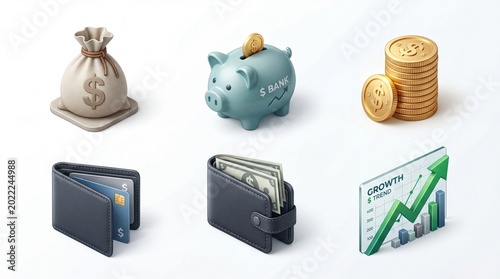 3D Isometric Finance Icon Set with Piggy Bank and Growth Chart