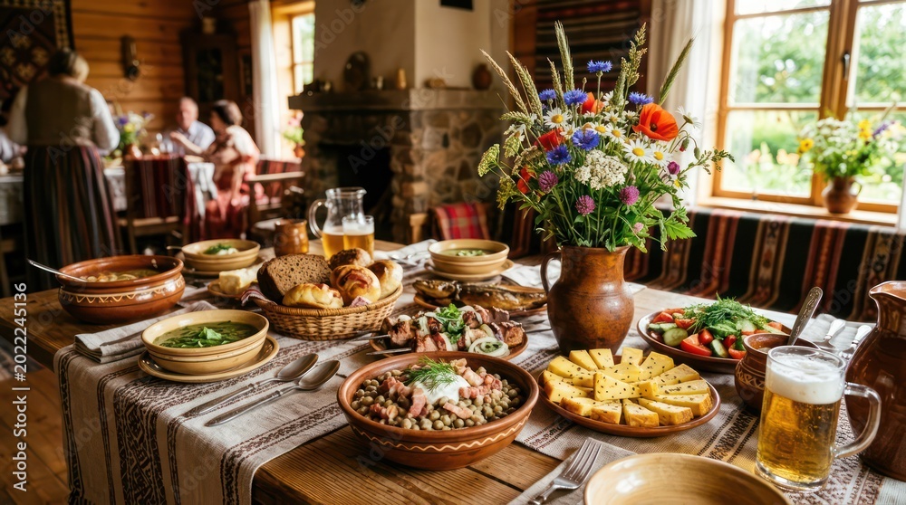 Fototapeta premium Close-up. A table set with traditional Latvian dishes. A beautiful festive atmosphere, an opulent interior.