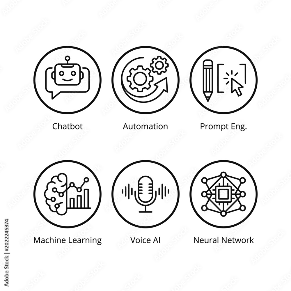 Fototapeta premium AI App Icon Pack Vector – Modern Artificial Intelligence UI Icons Set for Mobile Apps, Web Design, Chatbot, Machine Learning, Neural Network, Technology Interface