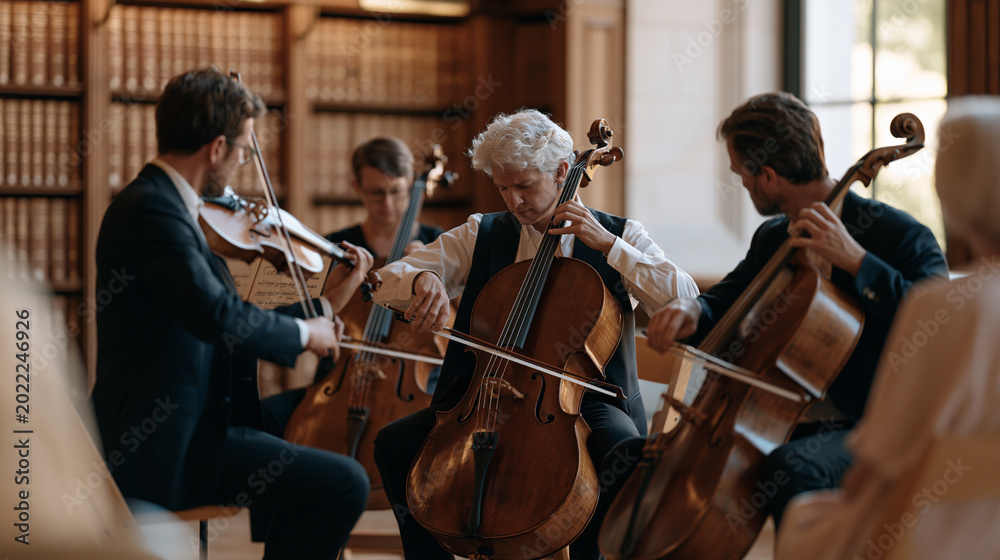 Fototapeta premium String quartet performing an intimate classical recital in a warmly lit historic library reading room, rows of leather-bound books as backdrop, audience of forty seated on rented chairs, summer conc