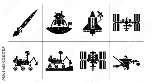Tableau sur toile Space Exploration Icons: Rocket, Lunar Lander, Shuttle, ISS, Rovers, Satellite S