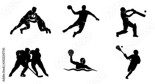 Quadro su tela Diverse Sports Silhouettes: Rugby, Handball, Cricket, Hockey, Water Polo, Lacros