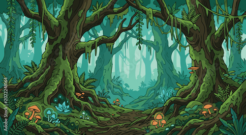 Mystical Forest Trail with Mossy Green Trees
