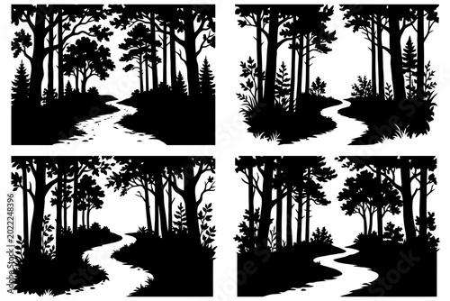 Silhouette forest pathways with tall trees and curved trails.