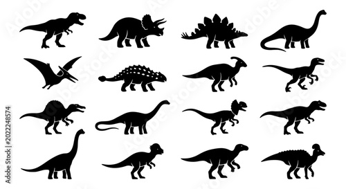 Fotografie Dinosaur Silhouettes Collection, Prehistoric Reptile Icons, Jurassic Era Creatur