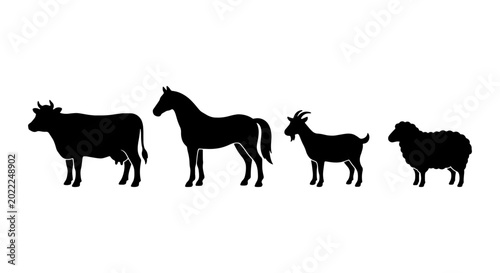 Schilderij op canvas Farm Animal Silhouettes: Cow, Horse, Goat, Sheep Vector Icons for Livestock and
