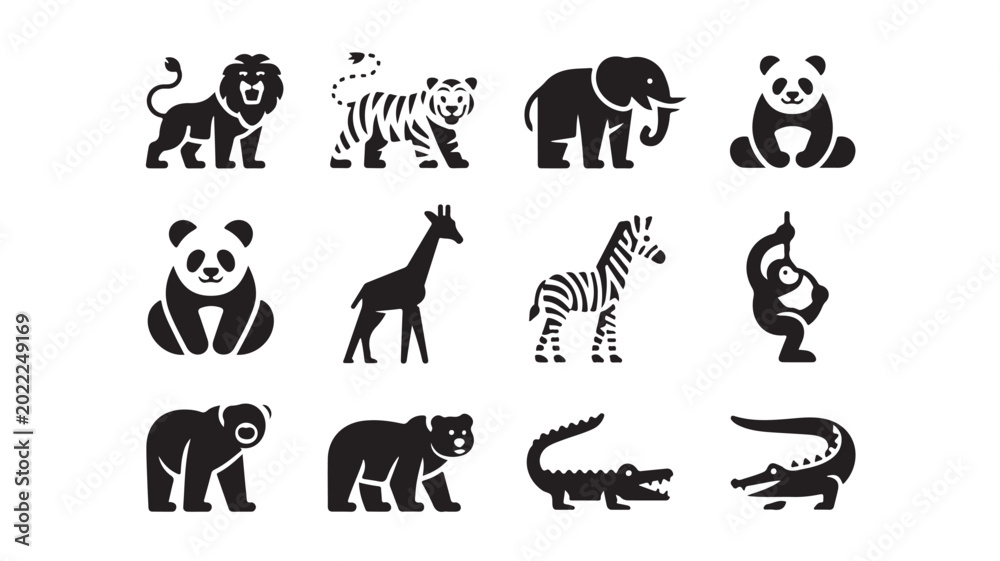 Fototapeta premium Black vector silhouettes of various wild animals on white background for conservation and wildlife concepts