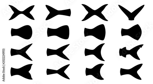 Quadro su tela Diverse Fish Tail Silhouettes, Aquatic Animal Fins, Marine Life Vector Icons, Un
