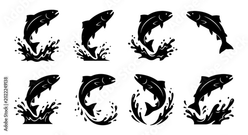 Foto Jumping Salmon Vector Icons Set, Aquatic Wildlife Silhouette Collection, Dynamic
