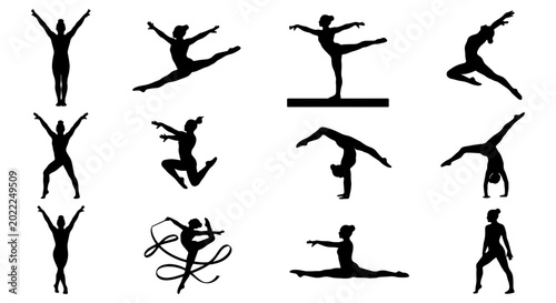 Tableau sur toile Gymnastics Silhouettes Set, Dynamic Poses Vector Collection, Athletic Female Fig