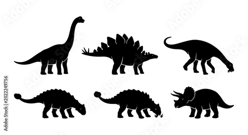 Fotografie Dinosaur Silhouettes Collection, Prehistoric Reptile Vector Icons, Jurassic Era