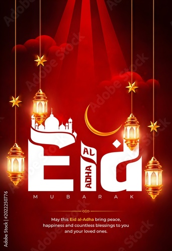 Eid aladha mubarak greeting card with lanterns and crescent moon on red background with clouds and stars
