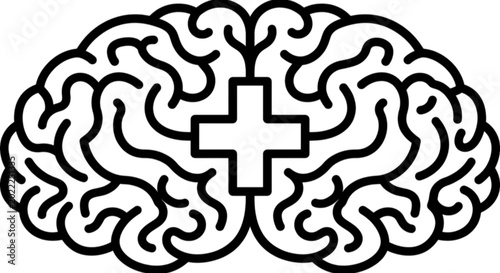 Foto A black and white vector image showing a human brain silhouette with a central medical cross symbol signifying mental health, psychology, and wellness