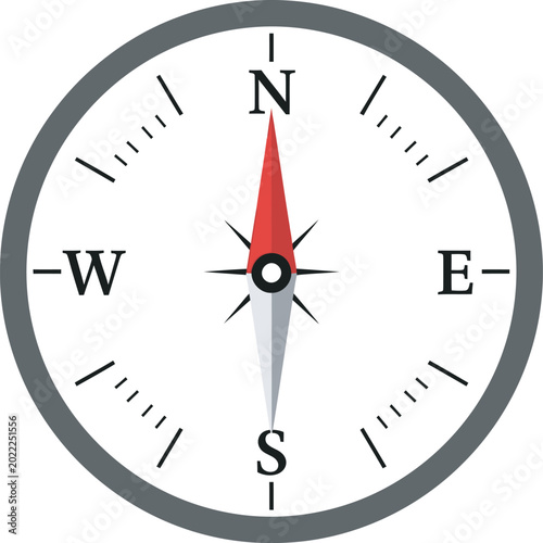 Classic navigational compass flat vector illustration with a magnetic red needle pointing north, perfect for travel adventure branding, outdoor exploration graphics, geography maps, and guidance icons
