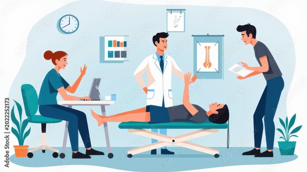 Fototapeta premium medical professionals discussing spinal therapy exercises in clinic flat illustration