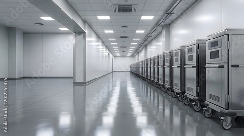 modern hospital logistics corridor with mobile temperature controlled medical transport carts and sterile healthcare environment