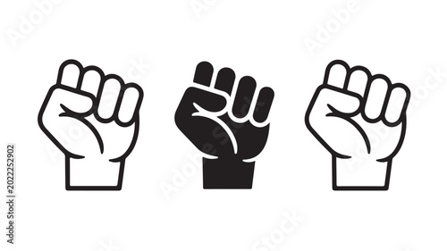 Three minimalist fists raised up in solidarity on white background for protest or activism concepts