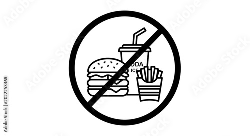 Fotografia A restrictive warning sign vector image featuring a crossed-out circle over fast food items like a burger, soda, and fries to discourage junk