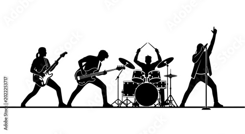 Black silhouettes of rock band performing on stage with instruments and microphones in a lively concert setting