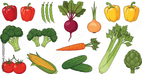 Organic Farm Vegetable Collection with Fresh Healthy Produce Icons for Grocery Markets, Cooking Designs, Nutrition Labels, and Vegan Food Packaging