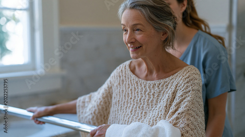 Aging in place occupational therapist installs grab bar in senior bathroom while elderly client observes, home safety modification process shown in realistic American bungalow bathroom setting durin