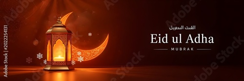 Eid ul adha mubrak greeting card with lantern and crescent moon on dark background with snowflakes