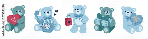 Canvas-taulu Collection of cute blue teddy bears holding valentine's day symbols with teddy b