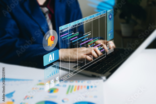 AI project management, business person typing on laptop with Gantt chart schedule, workflow planning and deadline control