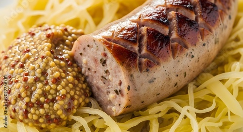 Close-up of a grilled sausage served with sauerkraut and coarse-grained mustard, a delicious and traditional meal