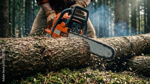 Man using chainsaw to cut through large log in forest, with sawdust flying and trees visible in the background, showcasing outdoor lumberjack work in natural environment