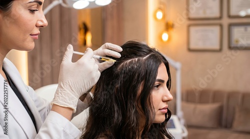Luxury hair restoration treatment in premium trichology clinic close up
