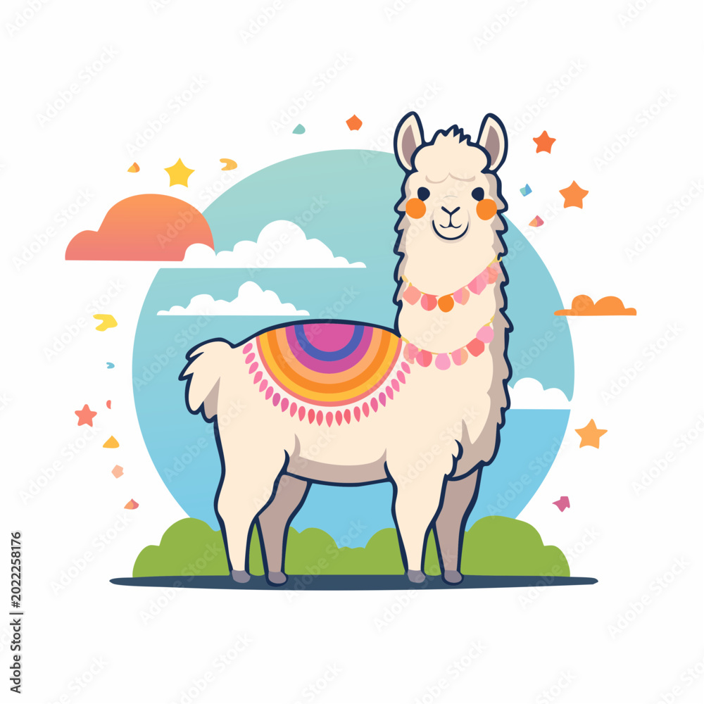 Fototapeta premium Cute Cartoon Llama with Colorful Blanket and Stars