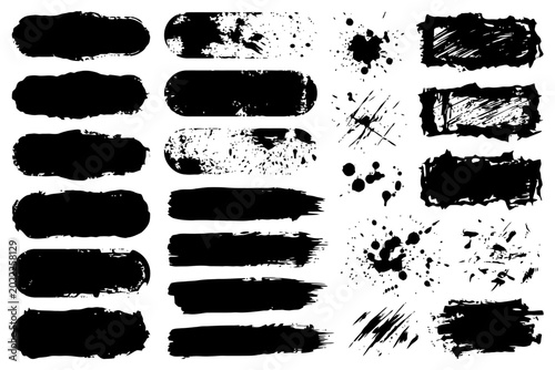 Set of grunge black paint strokes and splashes for artistic design.