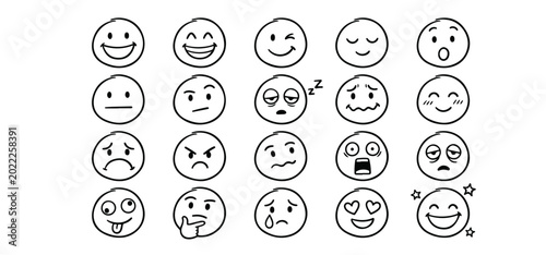 Hand Drawn Emoji Faces Set with Various Expressions; Black and White Minimalist Smilies, Sad, Angry, Happy, and Surprised Doodle Icons for Social Media, Communication, and Feedback Design on White Bac
