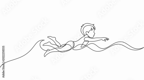 Fotografija Continuous line drawing of a child swimming in the water.