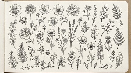 Set of hand-drawn floral elements