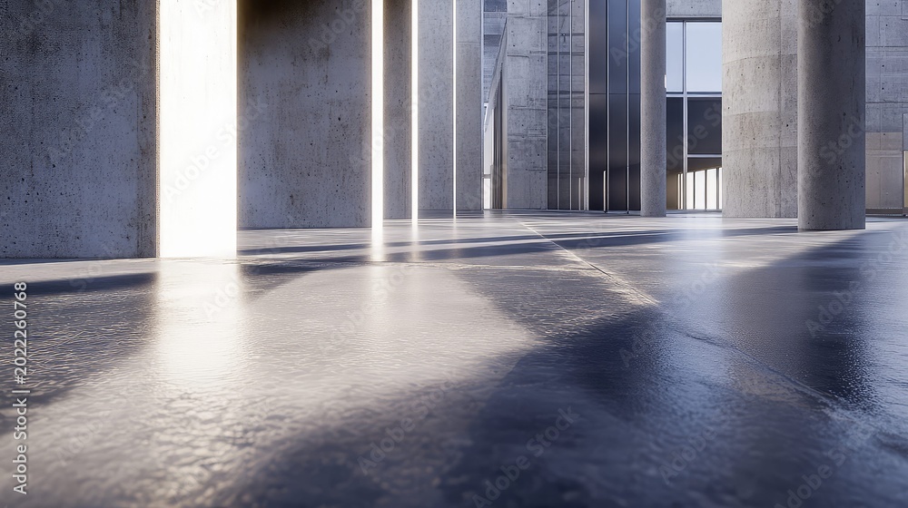 Fototapeta premium Clean concrete columns standing in a large empty hall with bright light casting long shadows and reflections on the polished floor, emphasizing a futuristic design