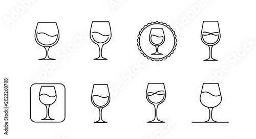 Set of minimalist wine glass line icons, elegant beverage silhouettes