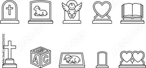 Foto Collection of gravestone and memorial stone icons in line art style on transparent background