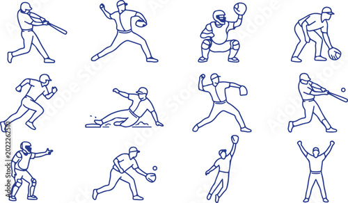 Fotografie Blue line drawings of baseball players performing different game actions such as batting pitching catching and sliding