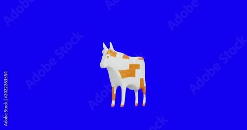 Cow on blue monochrome background. 3d render video.