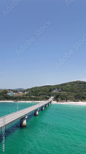 Aerial View of Tsunoshima Bridge Over Emerald Green Sea in Shimonoseki Japan, Vertical Summer Landscape 41