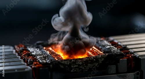Extreme macro damaged lithium ion battery cell swelling venting dark.