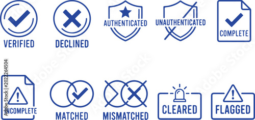 Canvastavla Set of blue checkmark and cross icons for verification status complete declined authenticated unauthenticated flagged cleared