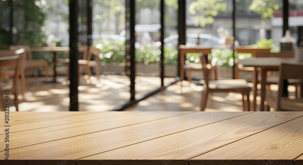 Fototapeta premium Empty outdoor café terrace with wooden chairs and tables