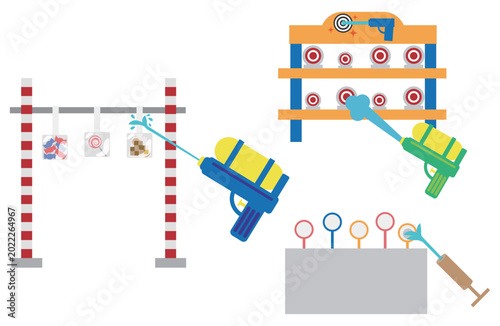 色々な水鉄砲を使った射的ゲームのイラストセット