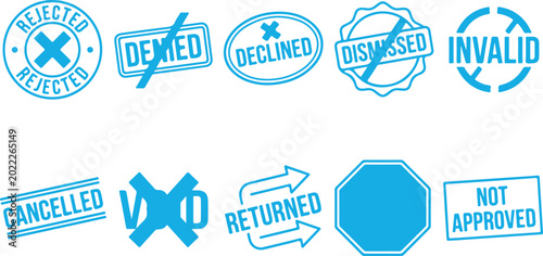 Konstfotografi Collection of blue rubber stamps with words rejected declined dismissed invalid cancelled returned not approved